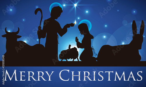 Beauty View of Holy Family Silhouette Wishing you Merry Christmas, Vector Illustration