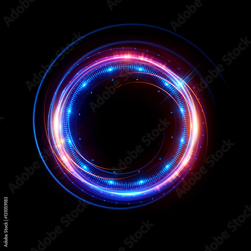 Abstract neon background. luminous swirling bunner. Glowing spiral. Shine round frame with light circles light effect. Glowing cover. Space for your message. Glossy. LED ellipse
