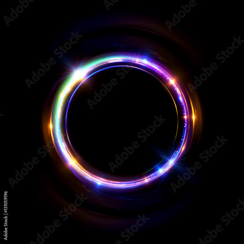 Abstract neon background. luminous swirling bunner. Glowing spiral. Shine round frame with light circles light effect. Glowing cover. Space for your message. Glossy. LED ellipse