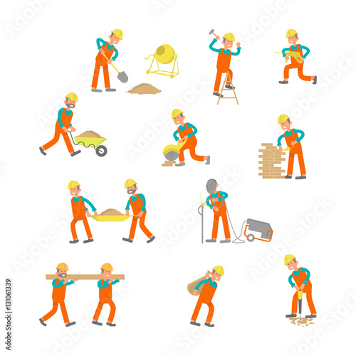 Construction workers Isolated on white background. Characters laborers in different poses in flat design. Vector eps 10 cartoon