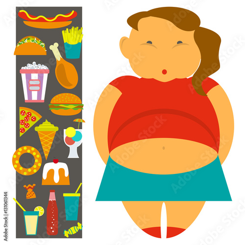Obesity infographic template - junk fast food, childhood overweight elements, fat kids. Diet and lifestyle data visualization concept poster. Vector illustration eps10