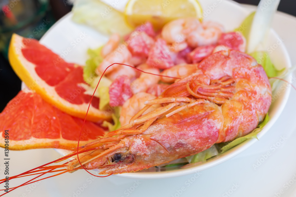 appetizer plate of a prawns salad