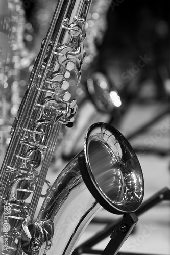 Fragment valves saxophone closeup in black and white