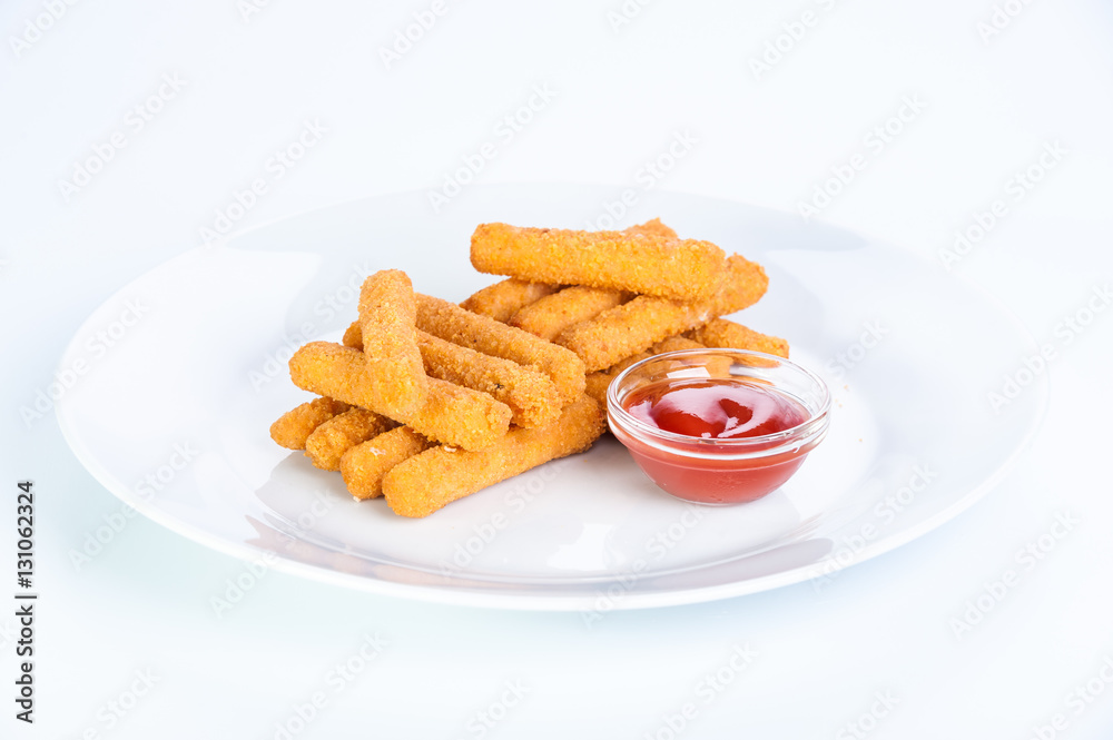 Crispy cheese sticks deep-fried on a white background Crispy cheese sticks deep-fried on a white background