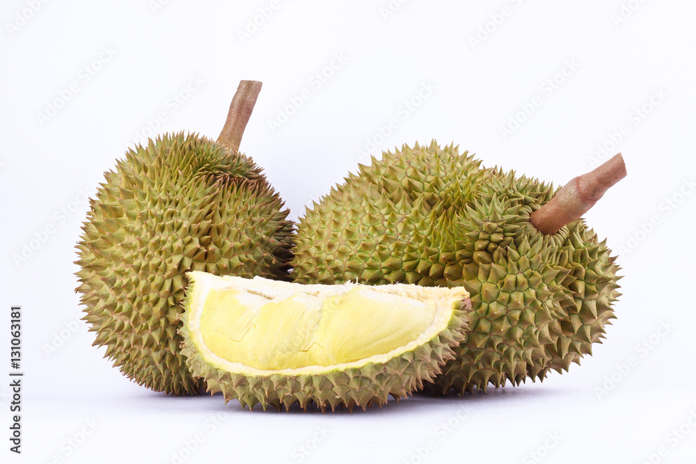 Obraz premium yellow durian mon thong is king of fruits durian and durian peeled fruit plate tropical durian on white background healthy durian fruit food isolated 