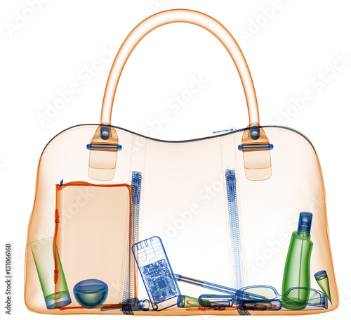 Briefcase under xray on security control. 3D illustration.