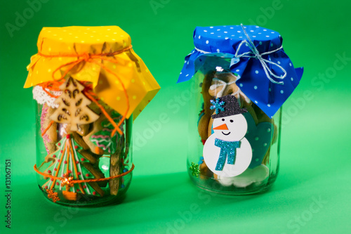 Santa Claus, Christmas tree, gingerbread man, jar,
