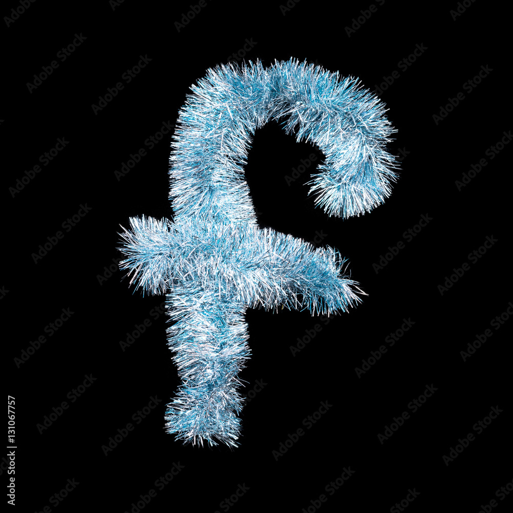 Festive alphabet made of blue tinsel. Letter F on black background. Isolated Festive alphabet made of blue tinsel. Letter F on black background. Isolated