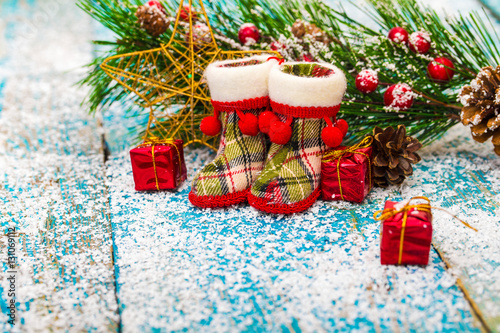 Christmas decoration hanging over wooden background