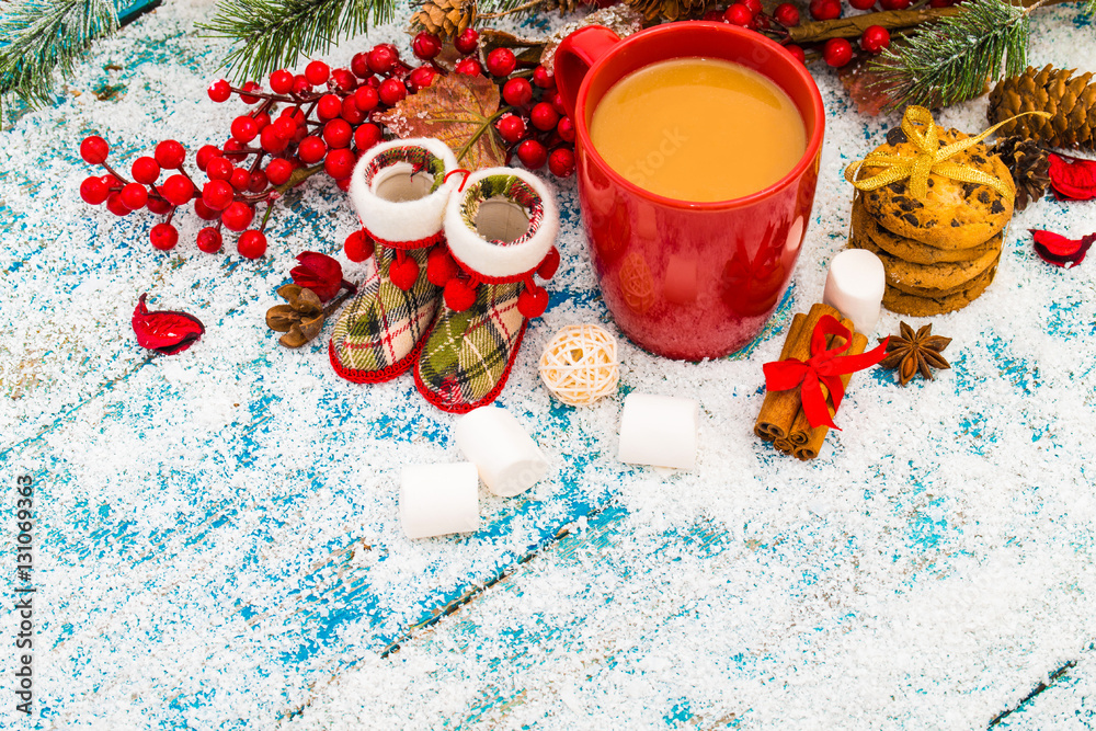 Christmas holiday background with coffee cup Christmas holiday background with coffee cup