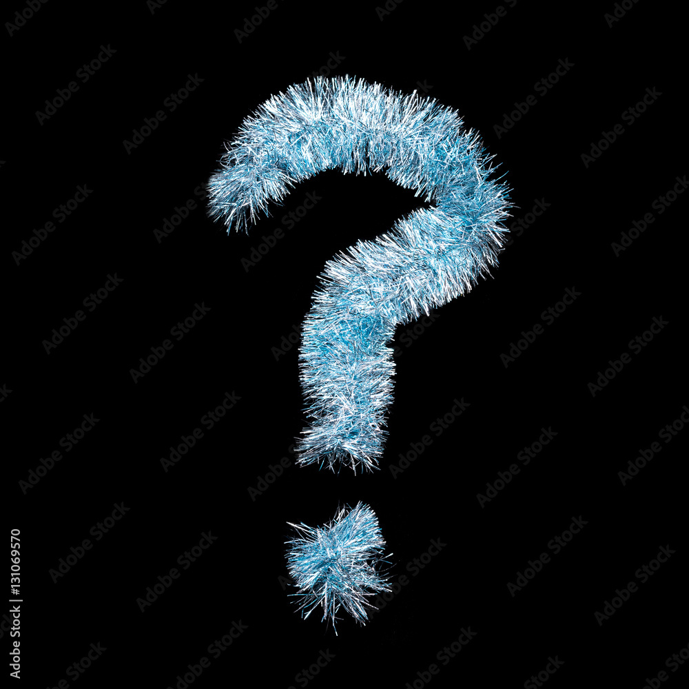 Festive alphabet made of blue tinsel. Question mark on black background. Isolated Festive alphabet made of blue tinsel. Question mark on black background. Isolated
