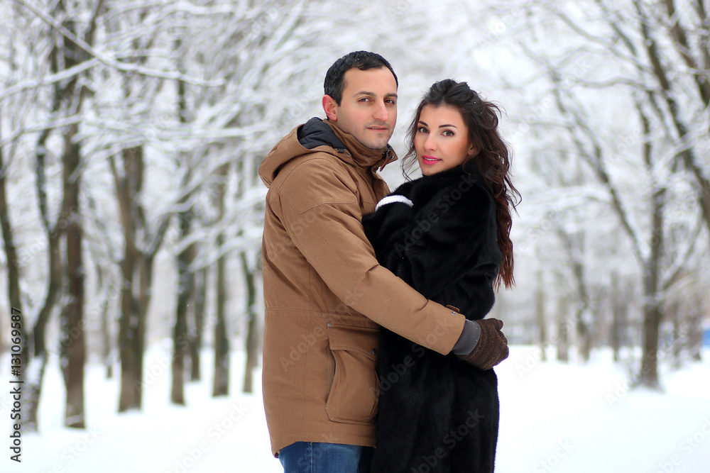 beautiful young couple in a snowy park wrapped beautiful young couple in a snowy park wrapped