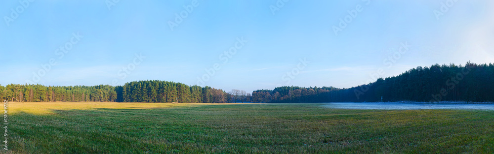 vast landscape of meadow and forest seemingly spreading over two seasons, from the sunny lush autumn to the dark frozen winter vast landscape of meadow and forest seemingly spreading over two seasons, from the sunny lush autumn to the dark frozen winter