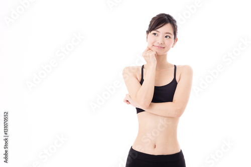 portrait of young asian woman diet image on white background