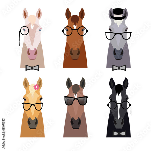 Vector hipster horse head in glasses ,bow. Flat cartoon style