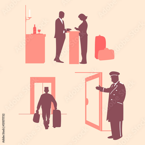 Hotel services. Reception. Vector illustration. Pink background.
