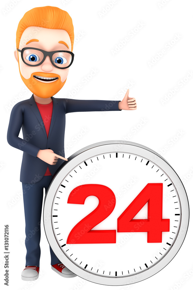Cheerful businessman points to the large clock 24. 3d render ill