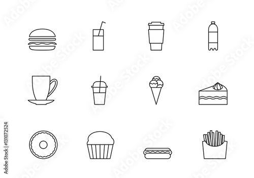 snacks desserts and beverage outline icon set