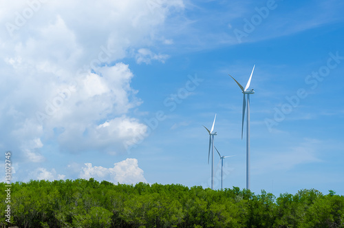 Wind turbine on blue sky with white cloud and green mangrove background.