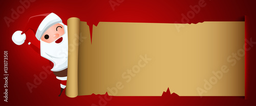 Merry Christmas. Santa Claus holding santa's list old Paper. Christmas banner Cartoon Vector Illustration.
