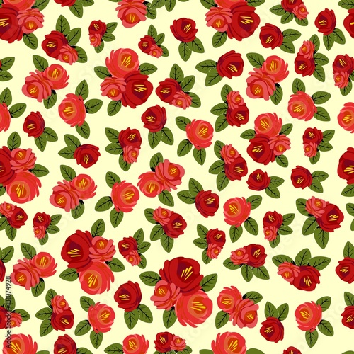 Beautiful seamless pattern with red roses on light background. Vector illustration.
