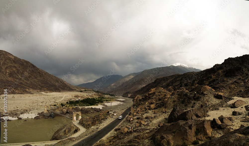 Panorama of Indus river and valley with bridge, Karakoram, Pakistan