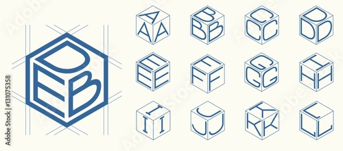 Set 1 template of the letters inscribed in the three sides of the cube, hexagon. To create monograms, logos and emblems