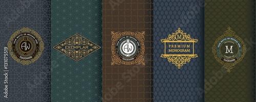 Elegant set of design elements, labels, icon, frames, seamless backgrounds for packaging.