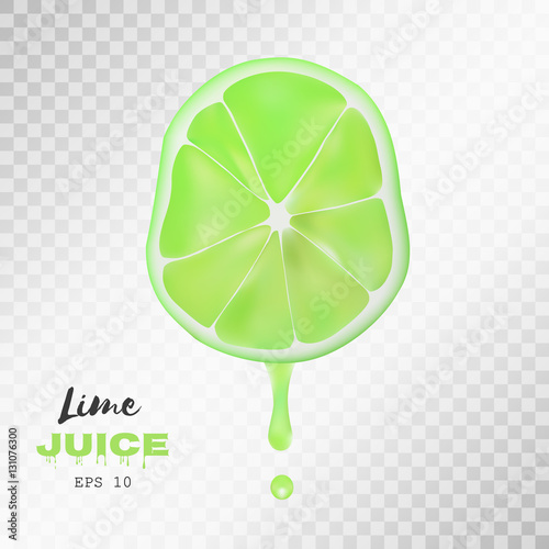 Vector realistic sliced lime with drop of juice. Transparent background