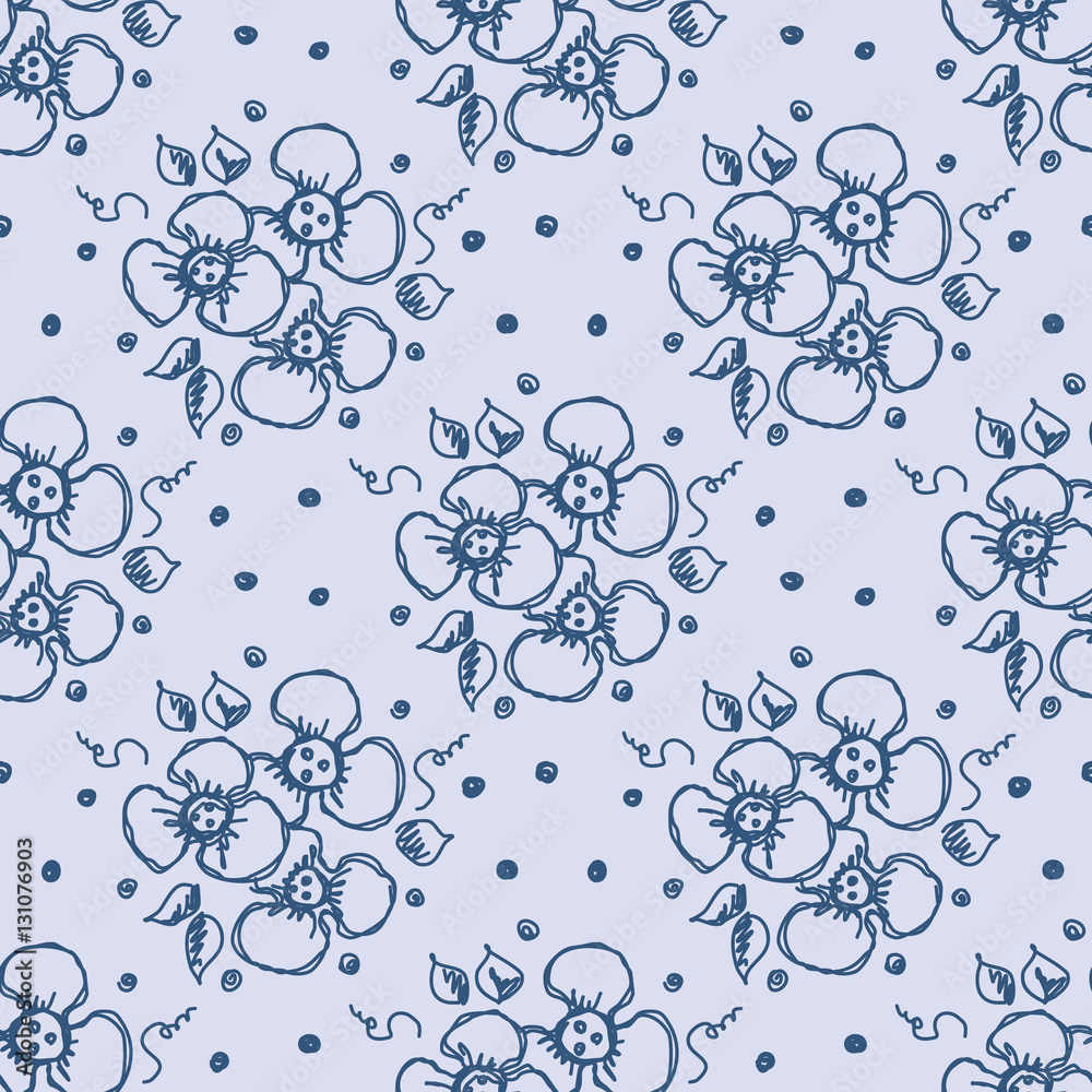 Seamless vector hand drawn seamless floral  pattern. Blue background with flowers, leaves, dots. Decorative cute graphic drawn illustration. Template for background, wrapping, wallpaper.