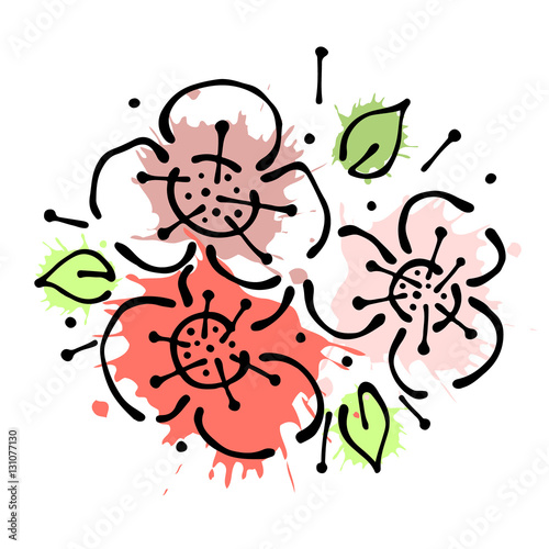 Vector floral illustration. bouquet with flowers  leaves  decorative elements isolated on the white background. Hand drawn contour lines and strokes. Doodle style  graphic vector illustration