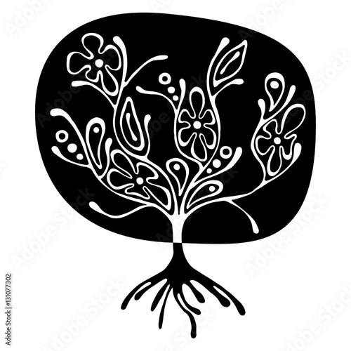 Vector hand drawn illustration, decorative ornamental stylized tree. Black and white graphic illustration isolated on the white background. Inc drawing silhouette. Decorative artistic ornamental wood