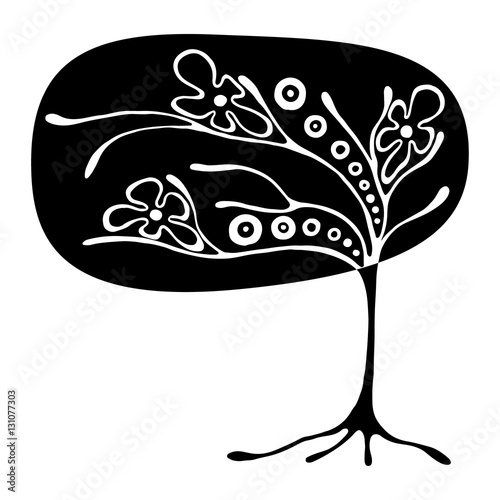 Vector hand drawn illustration, decorative ornamental stylized tree. Black and white graphic illustration isolated on the white background. Inc drawing silhouette. Decorative artistic ornamental wood