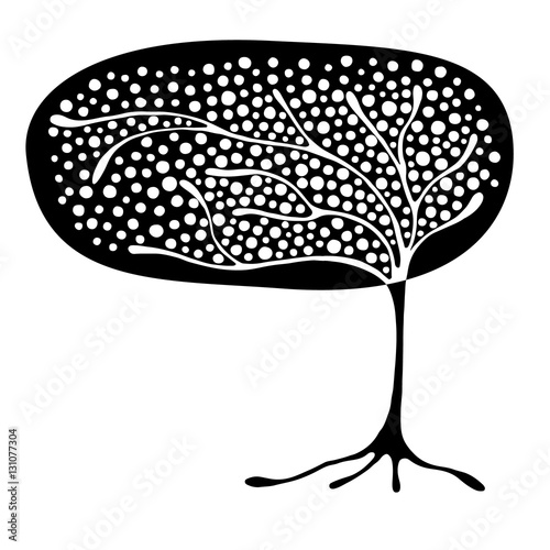 Vector hand drawn illustration, decorative ornamental stylized tree. Black and white graphic illustration isolated on the white background. Inc drawing silhouette. Decorative artistic ornamental wood