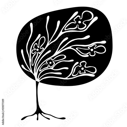 Vector hand drawn illustration, decorative ornamental stylized tree. Black and white graphic illustration isolated on the white background. Inc drawing silhouette. Decorative artistic ornamental wood