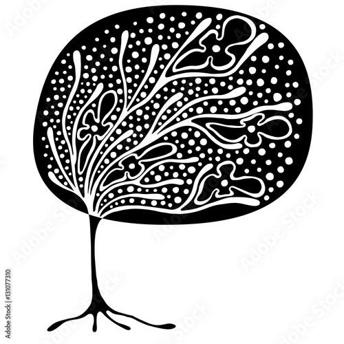 Vector hand drawn illustration, decorative ornamental stylized tree. Black and white graphic illustration isolated on the white background. Inc drawing silhouette. Decorative artistic ornamental wood