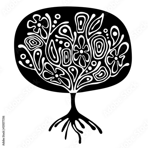 Vector hand drawn illustration, decorative ornamental stylized tree. Black and white graphic illustration isolated on the white background. Inc drawing silhouette. Decorative artistic ornamental wood