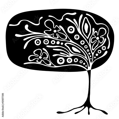 Vector hand drawn illustration, decorative ornamental stylized tree. Black and white graphic illustration isolated on the white background. Inc drawing silhouette. Decorative artistic ornamental wood