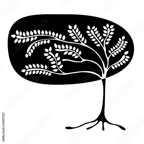 Vector hand drawn illustration, decorative ornamental stylized tree. Black and white graphic illustration isolated on the white background. Inc drawing silhouette. Decorative artistic ornamental wood