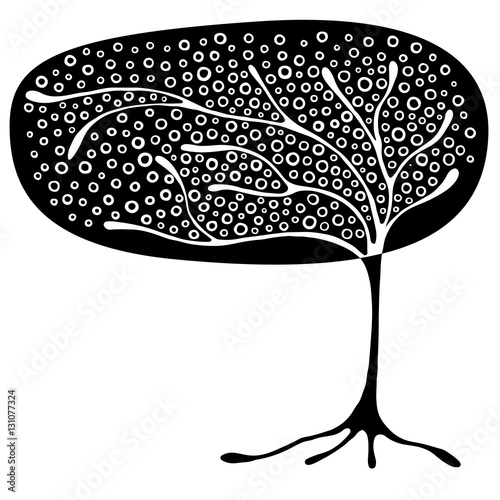 Vector hand drawn illustration, decorative ornamental stylized tree. Black and white graphic illustration isolated on the white background. Inc drawing silhouette. Decorative artistic ornamental wood