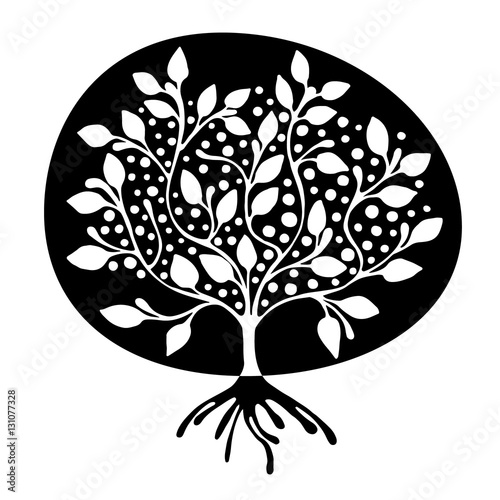 Vector hand drawn illustration, decorative ornamental stylized tree. Black and white graphic illustration isolated on the white background. Inc drawing silhouette. Decorative artistic ornamental wood