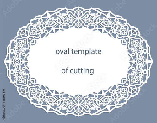 Greeting  card with openwork  oval border, paper doily under the cake, template for cutting, wedding invitation, decorative plate is laser cut, vector illustrations.
