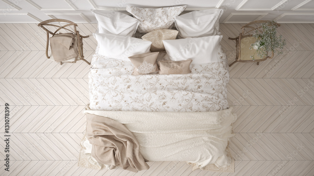 Obraz premium Minimalistic classic bedroom, top view, white interior design