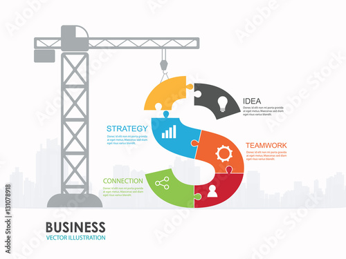 infographic Template with construction tower crane jigsaw banner . concept vector illustration