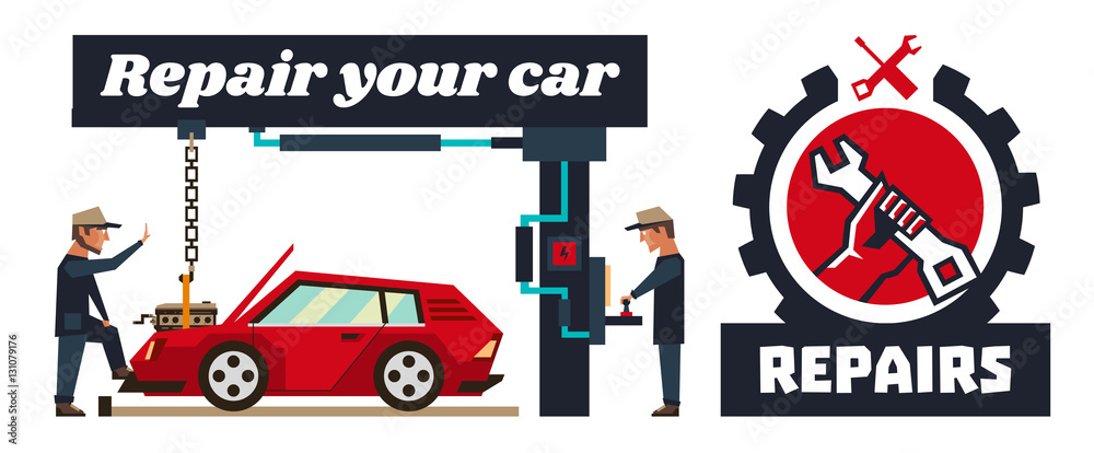 Horizontal banner template on car repairs. Logo, hand holding a wrench. Auto  mechanic removed engine. Capital repair of the motor. Special equipment. Red  car. Vector illustration. Stock Vector