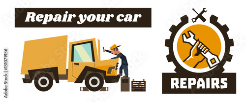 Horizontal banner template on car repairs. Repair logo, hand holding a wrench. Technician reconditioning orange truck. Vector illustration. Flat style