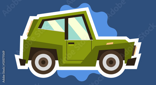 Toy cars isolated white outline on a blue background. Vehicles travel. Sticker for children on the theme of the machine. Vector illustration. Flat style