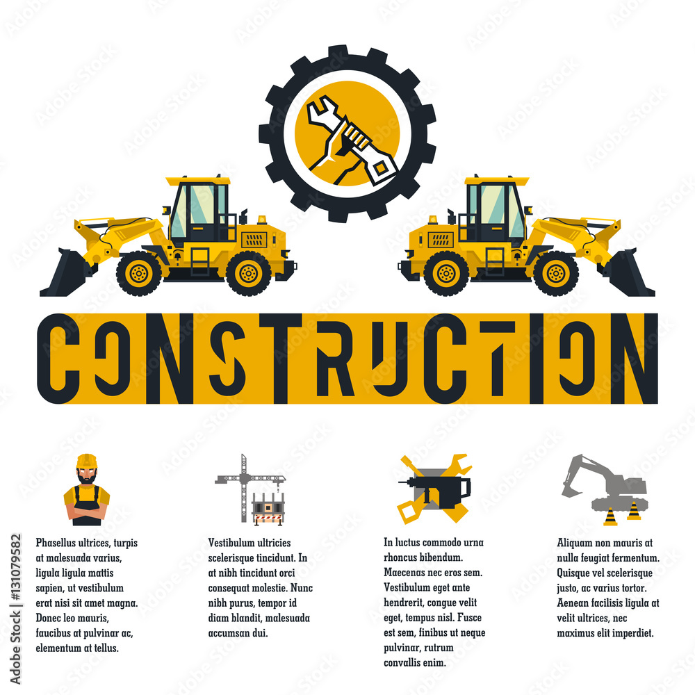 Vector illustration on the theme of a construction site. Icons and template for text. Loader logo and hands holding a wrench. Banner with the production of information. Advertising company. Flat style Vector illustration on the theme of a construction site. Icons and template for text. Loader logo and hands holding a wrench. Banner with the production of information. Advertising company. Flat style