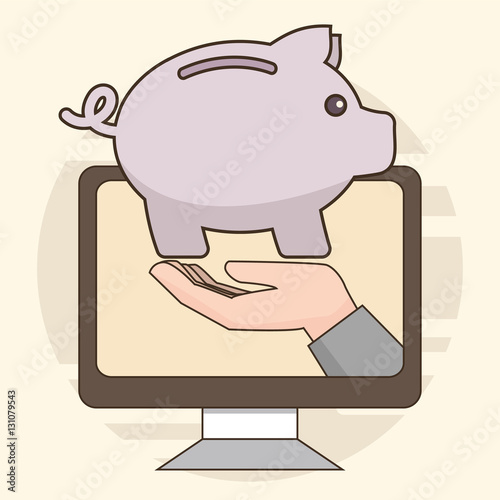 Thin line Online savings concept. Piggy bank