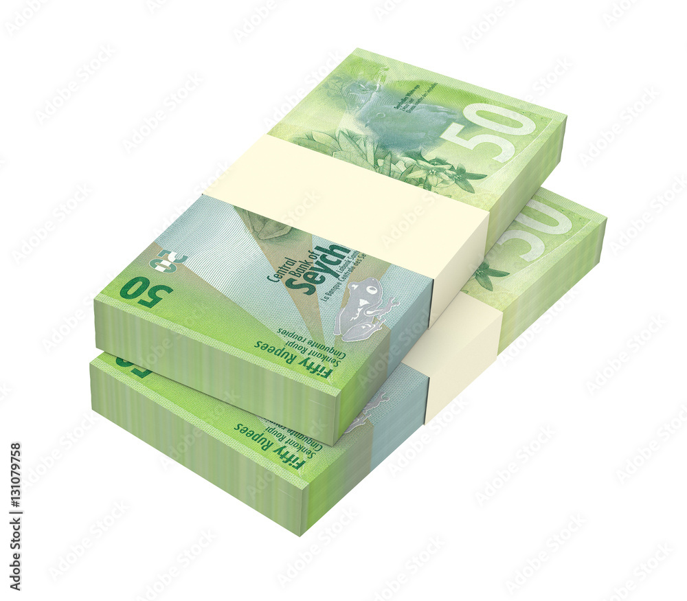 Seychelles rupee bills stacks isolated on white background. 3D illustration. Seychelles rupee bills stacks isolated on white background. 3D illustration.